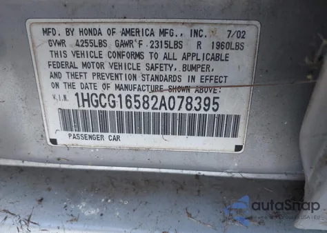 2002 Honda Accord 3.0 Ex из США, поврежденный, VIN 1HGCG16582A078395